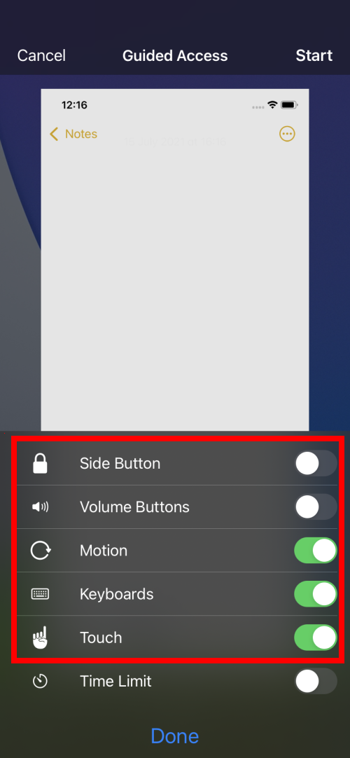 Tap the toggle switches to lock the physical controls